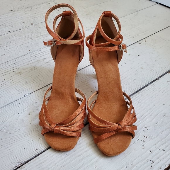 Bronze Orange Satin Open Toe Ballroom Dancing Shoes - Picture 2 of 8